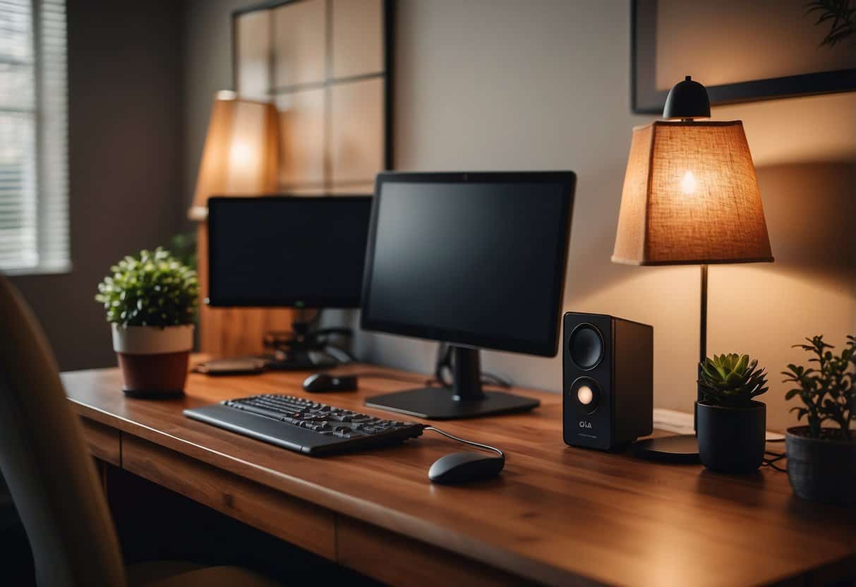 A home office setup with a computer, headset, and desk lamp. A cozy, inviting atmosphere with a warm color palette