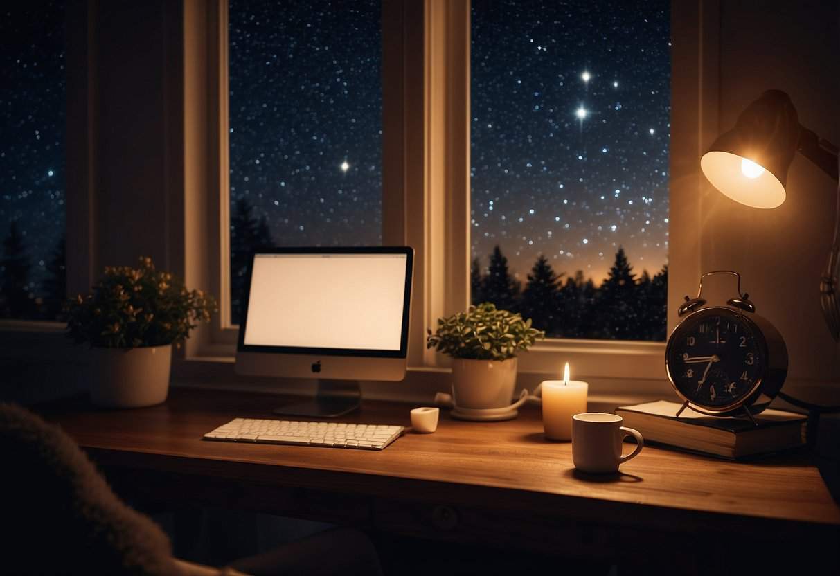 A cozy home office with a desk, computer, and warm lighting. Outside, the night sky is dark with twinkling stars. A cup of coffee sits on the desk, and a calendar displays the evening hours