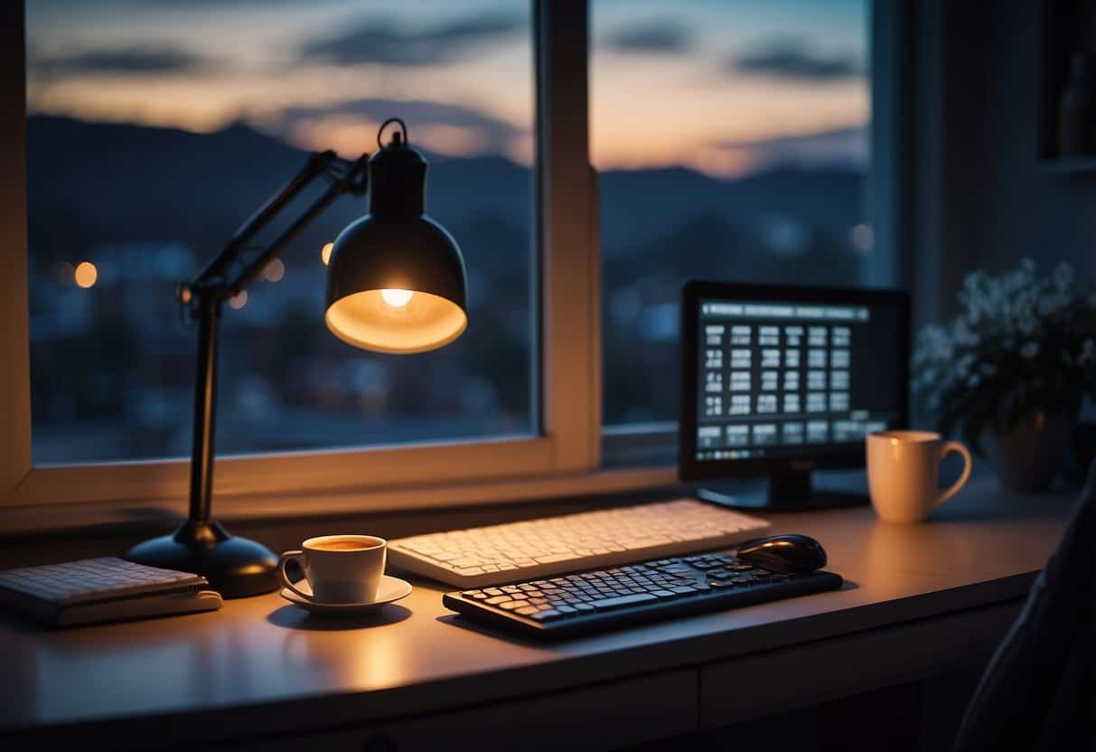 A cozy home office with a computer, desk lamp, and calendar. A cup of coffee sits next to the keyboard as the night sky is visible through the window