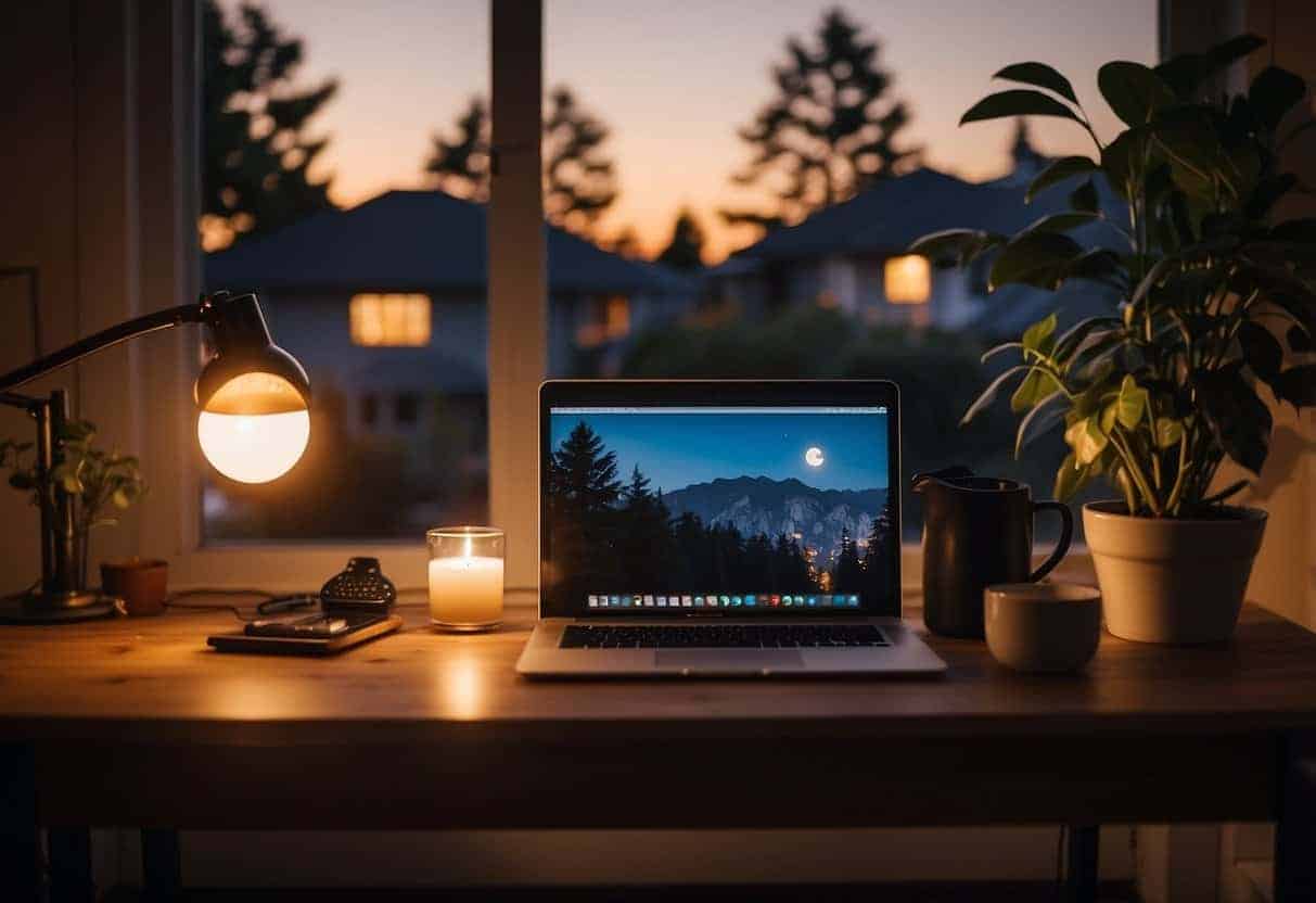 A cozy home office with a desk, laptop, and warm lighting. Outside, the moon rises over a tranquil neighborhood