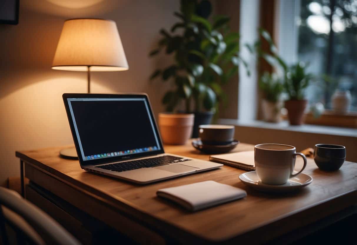 A cozy home office with a desk, computer, and soft lighting. A warm cup of tea sits next to a notebook and pen, ready for an evening of productive part-time work