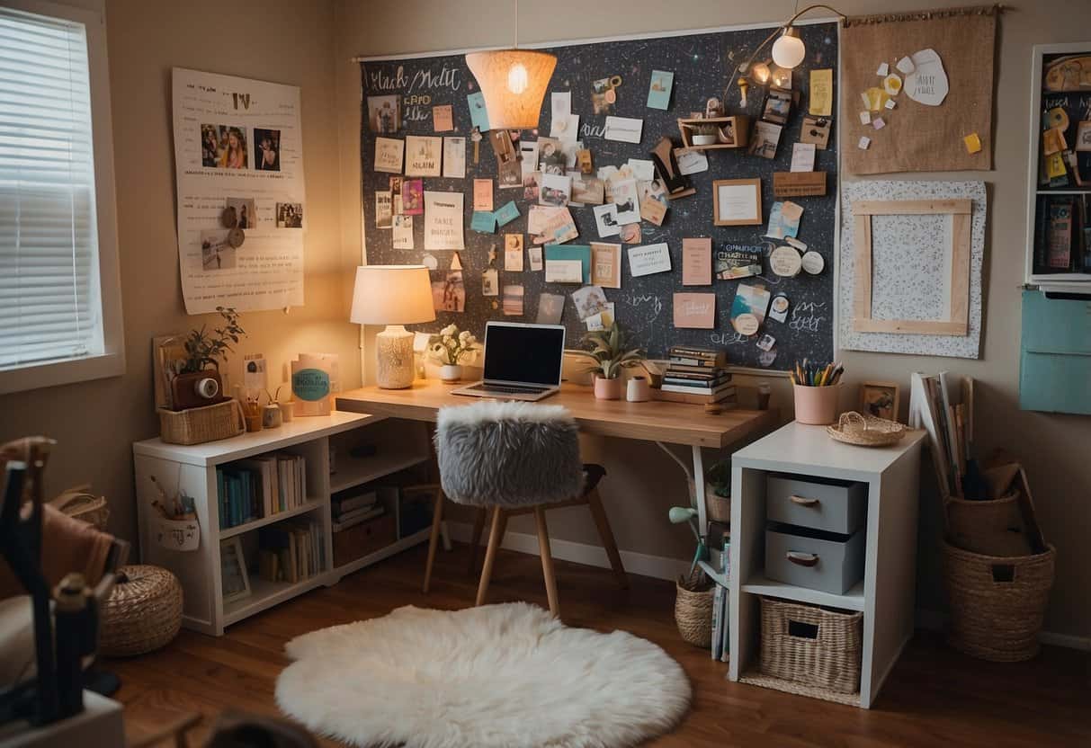 Teen-friendly scene: A cozy bedroom with a desk, laptop, and art supplies. A bulletin board displays ideas like tutoring, pet sitting, and selling handmade crafts
