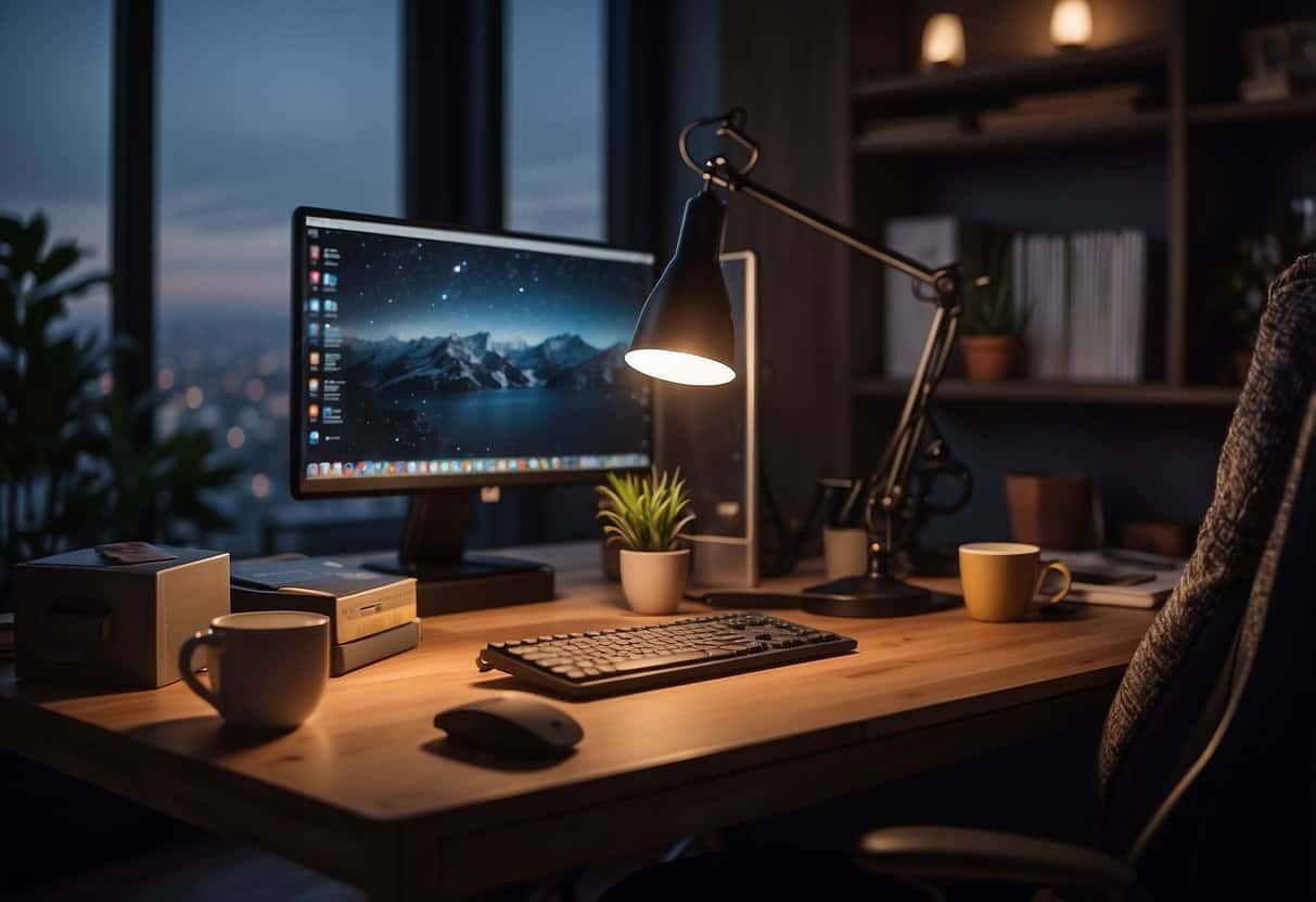 A cozy home office with a computer, desk lamp, and comfortable chair. The room is dimly lit, with a warm and inviting atmosphere