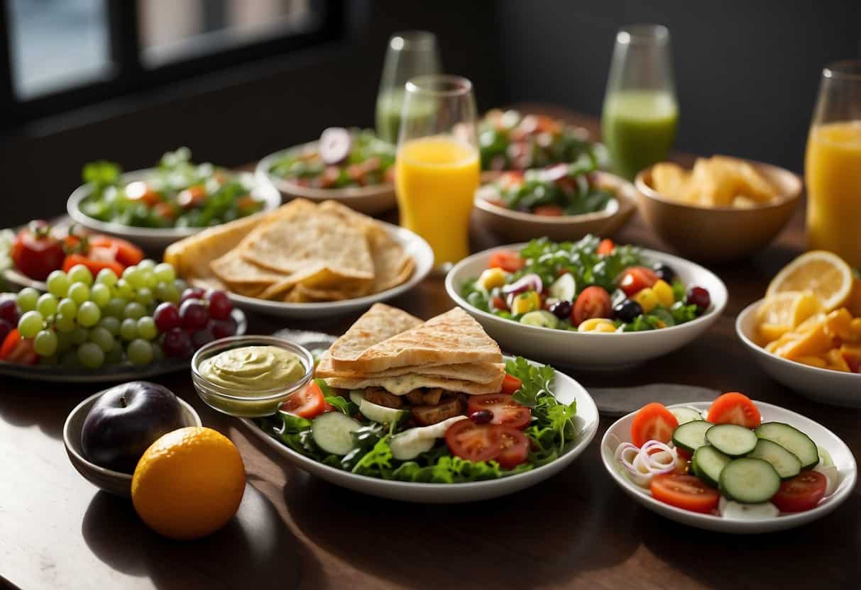 A table set with various lunch items, including salads, sandwiches, and wraps. A variety of fruits and vegetables are also displayed alongside the main dishes