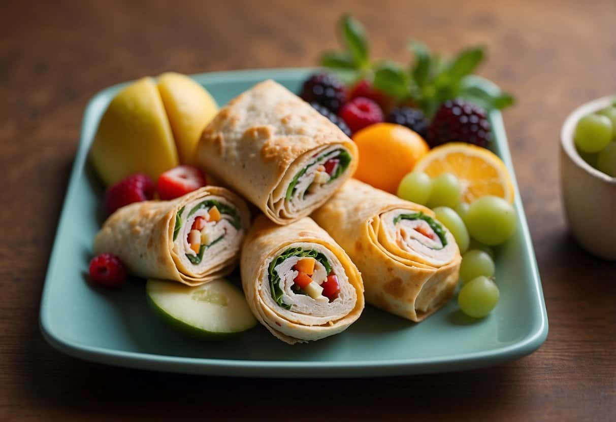 A plate of turkey and cheese roll-ups with various fruits and veggies on the side, arranged neatly on a colorful lunch tray