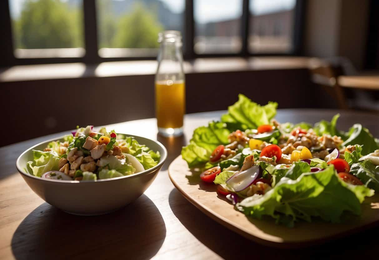 A table set with lettuce leaves, chicken salad, and various toppings. Bright, natural lighting streams in through a window, casting shadows on the vibrant, fresh ingredients