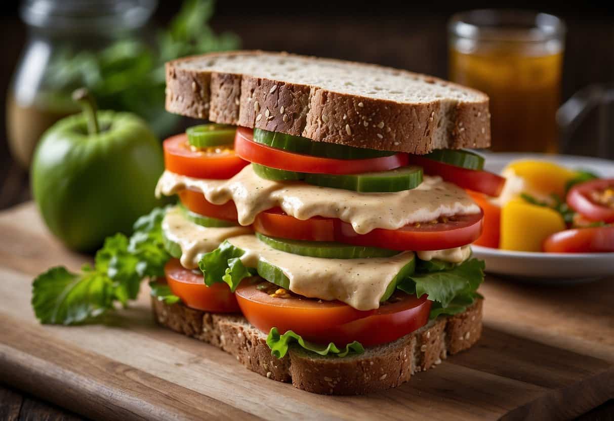 A colorful veggie sandwich with hummus, lettuce, tomato, and bell peppers on whole grain bread, surrounded by fresh fruits and a thermos of iced tea