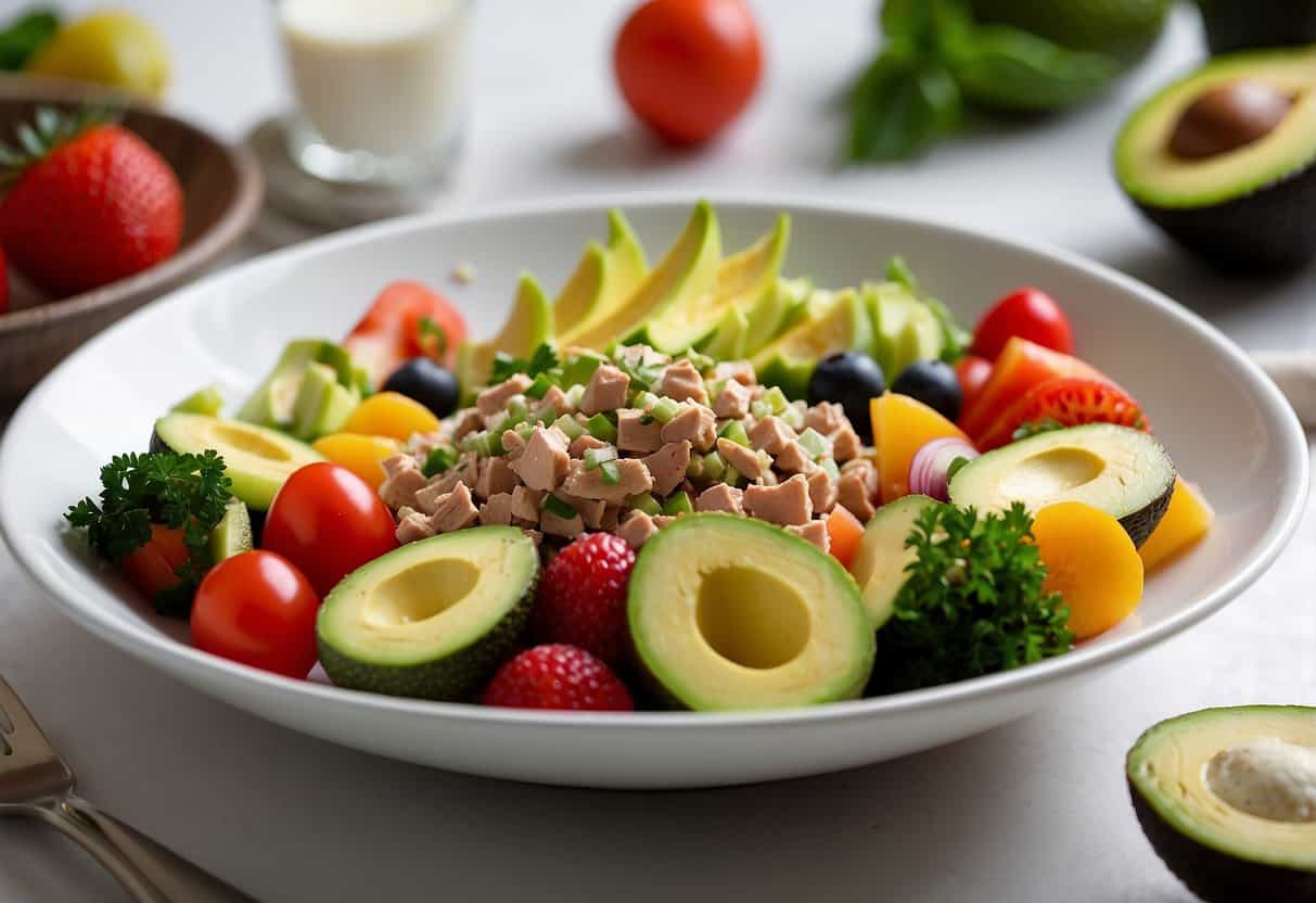 A colorful plate of avocado tuna salad surrounded by fresh vegetables and a variety of fruits, set on a clean, white table