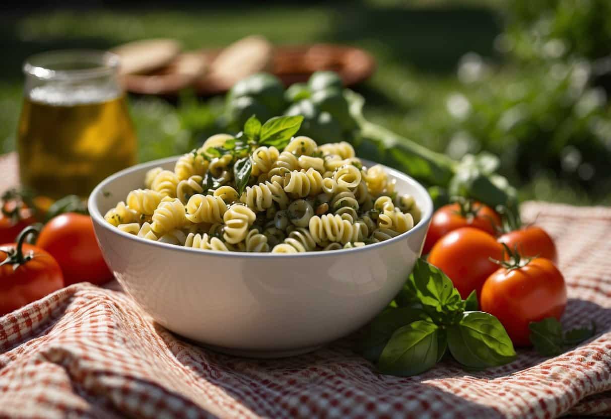 A colorful bowl of pesto pasta salad surrounded by fresh vegetables and herbs, placed on a picnic blanket in a sunny park