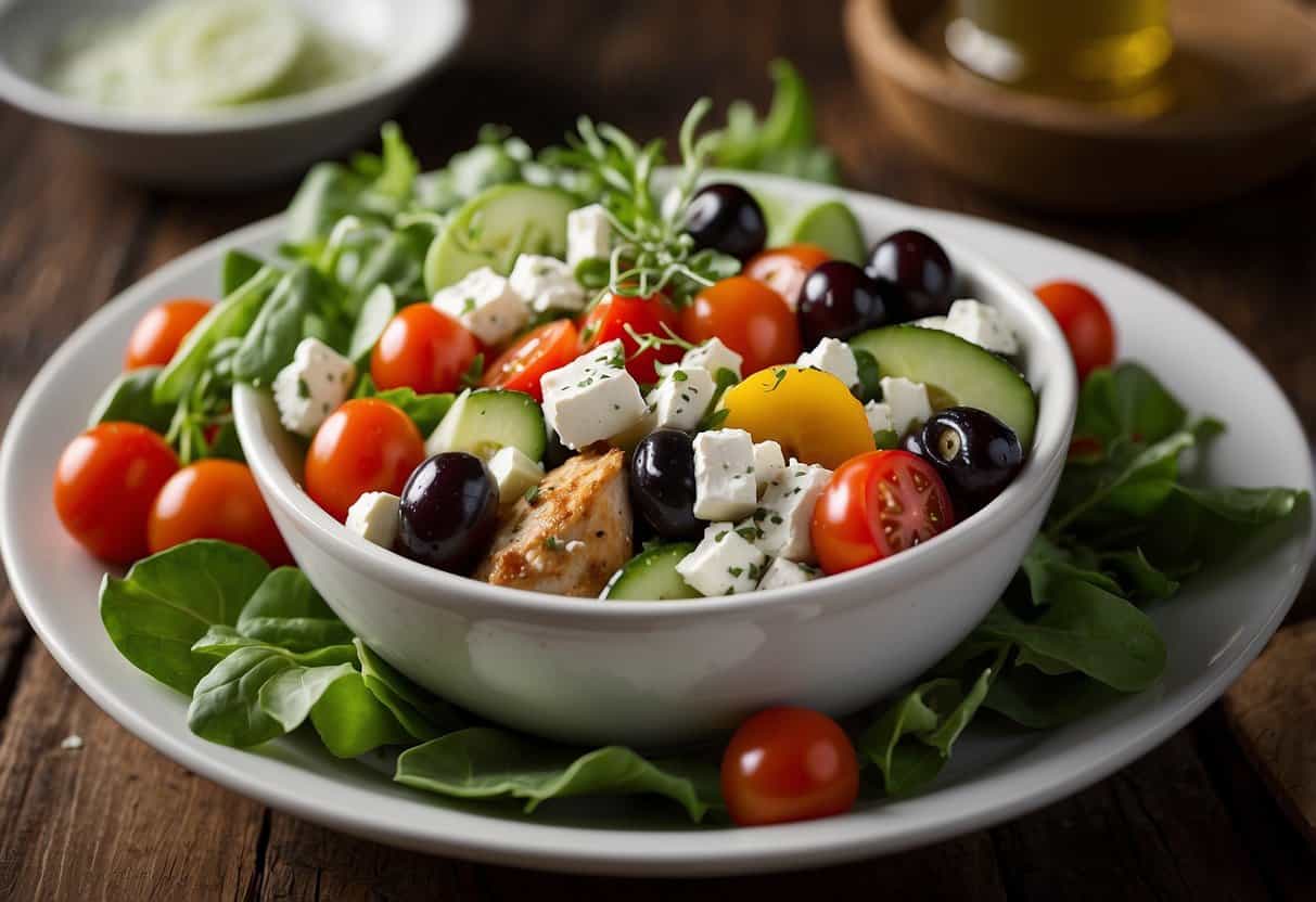 A colorful bowl filled with Greek chicken, mixed greens, cherry tomatoes, cucumbers, olives, feta cheese, and a drizzle of tzatziki sauce