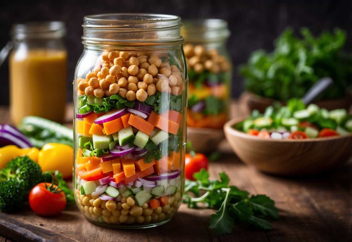 A mason jar filled with layers of colorful chickpea salad, topped with a vibrant mix of fresh vegetables and drizzled with a zesty dressing