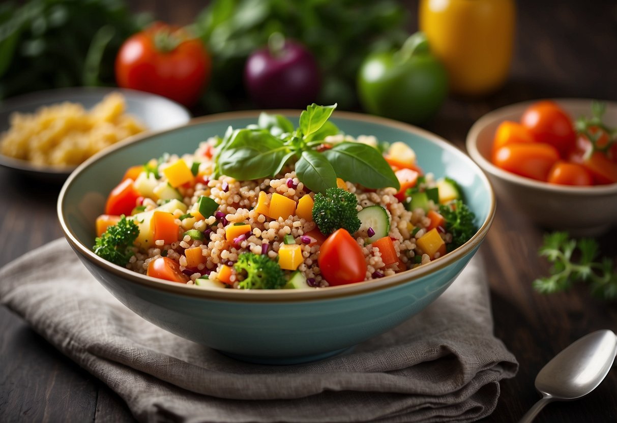 A colorful bowl of quinoa salad surrounded by a variety of fresh vegetables, with a bright and inviting presentation