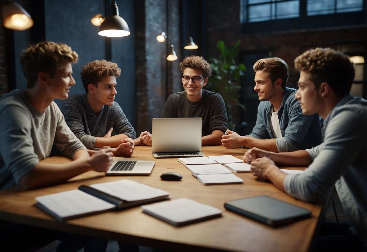 A group of teenagers gathered around a table, brainstorming and discussing various side hustles. A laptop and notepads are spread out as they exchange ideas and advice