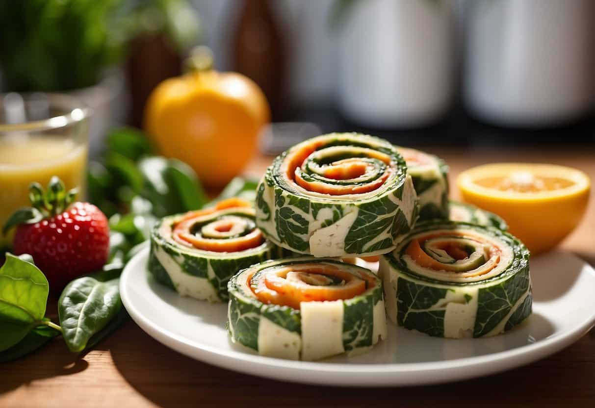 A platter of turkey and spinach pinwheels arranged with fresh vegetables and fruit, set against a backdrop of a sunny kitchen counter