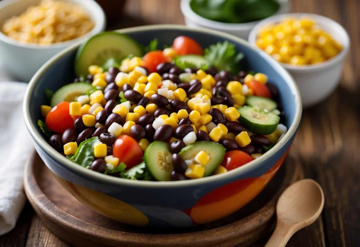 A colorful bowl of black bean and corn salad surrounded by fresh ingredients and a variety of other cold lunch options for moms