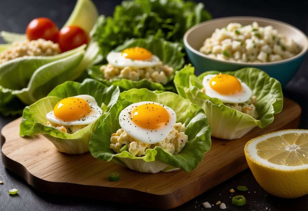 Lettuce cups filled with egg salad, surrounded by various cold lunch items