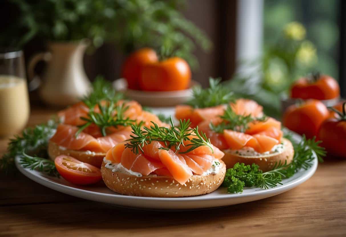 A plate of smoked salmon and cream cheese bagels sits on a wooden table, surrounded by fresh herbs and sliced tomatoes