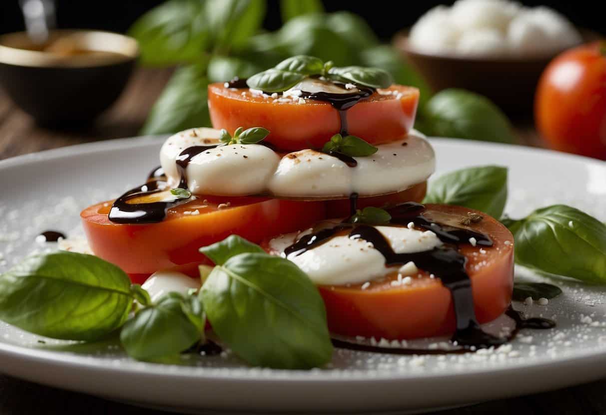 A colorful plate holds sliced tomatoes, fresh mozzarella, and basil leaves drizzled with balsamic glaze. A sprinkle of salt and pepper adds the finishing touch