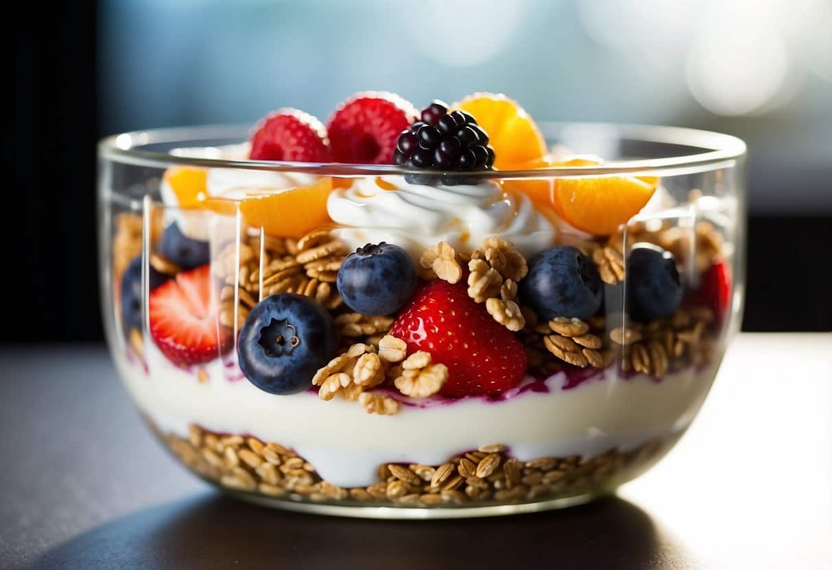 A clear glass parfait dish filled with layers of creamy Greek yogurt and colorful fresh fruit, topped with a sprinkle of granola and a drizzle of honey