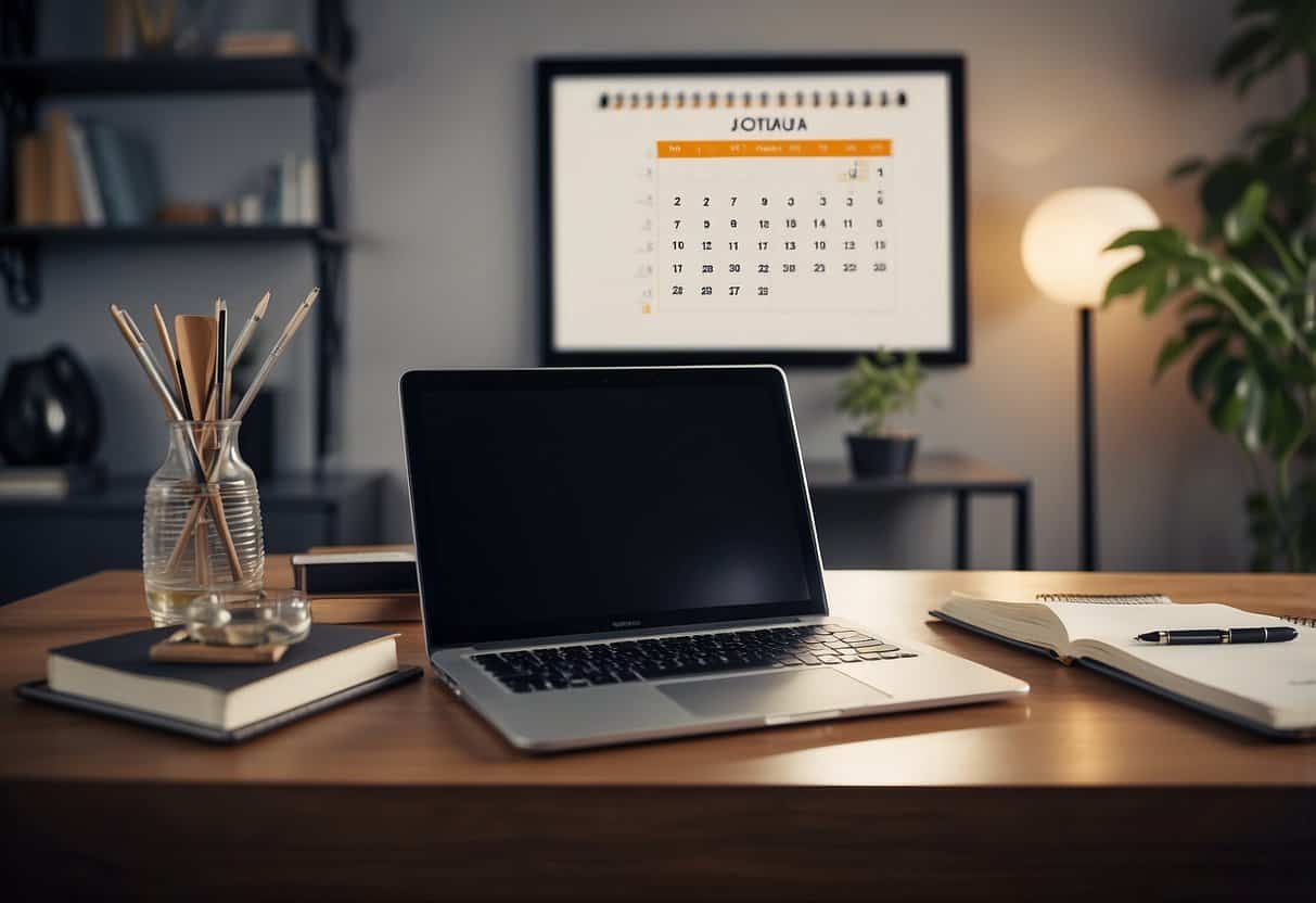 A laptop open on a clean desk, with a notepad and pen nearby. A calendar on the wall with dates marked for blog post releases