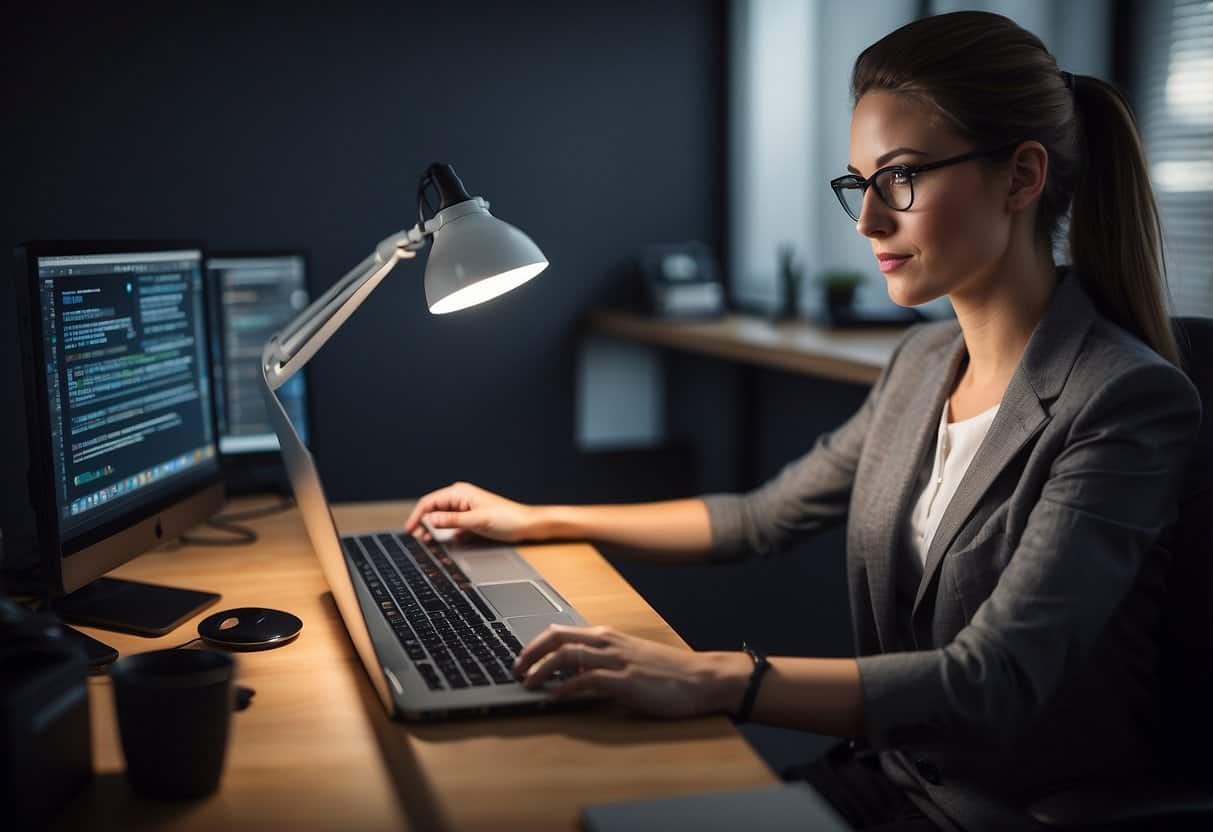 A virtual assistant sits at a desk, surrounded by a computer, phone, and notebook. They are multitasking, answering emails, scheduling appointments, and managing tasks