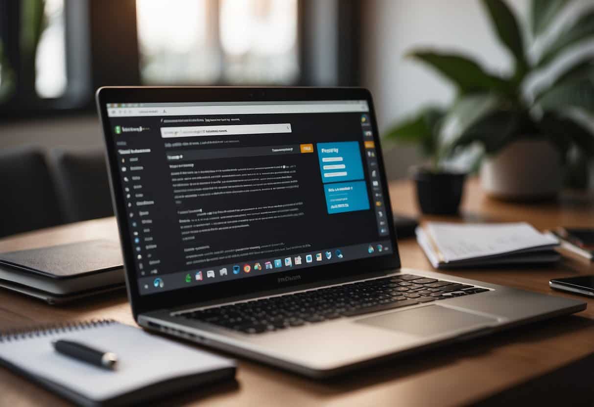 A laptop on a desk with a list of remote job websites, a notepad, and a pen. A person is searching for legitimate remote job opportunities online