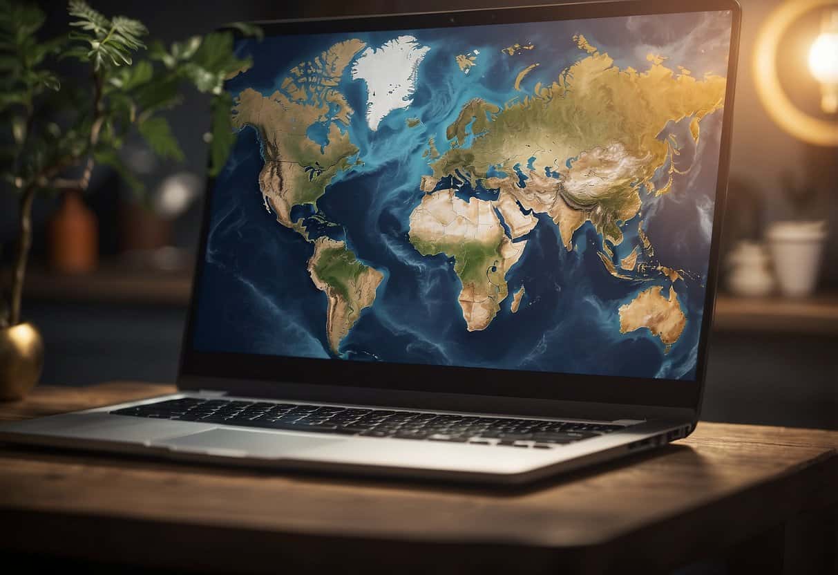 A laptop surrounded by a cozy workspace with a cup of coffee, notebook, and pen. A world map on the wall, symbolizing remote job possibilities