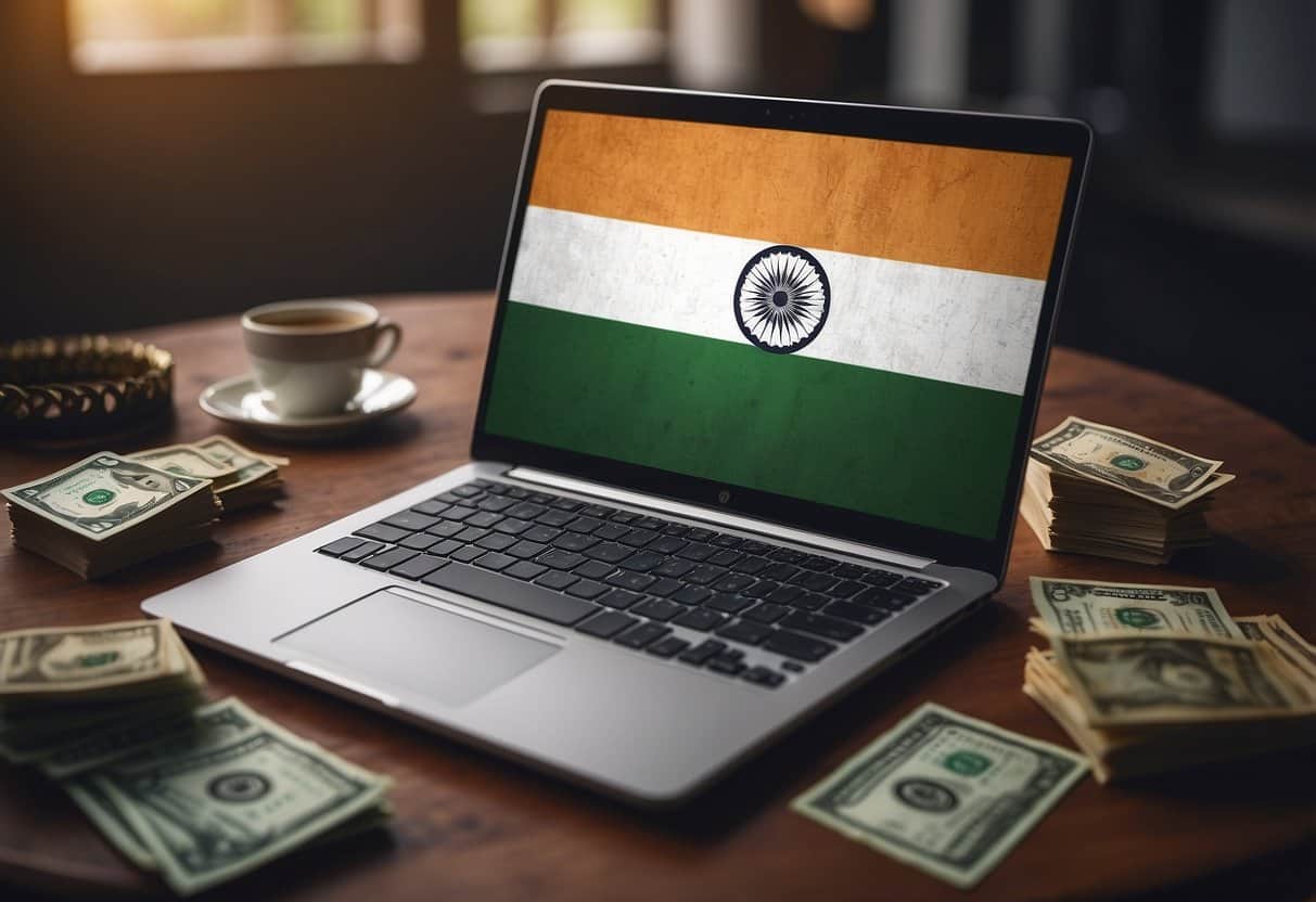 A laptop with an Indian flag sticker, surrounded by Indian currency and a "sell online, make money online" banner