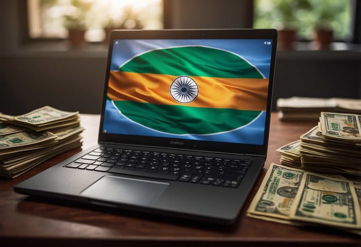 A laptop with an Indian flag sticker sits on a desk, surrounded by stacks of rupee notes and a chart showing online income growth