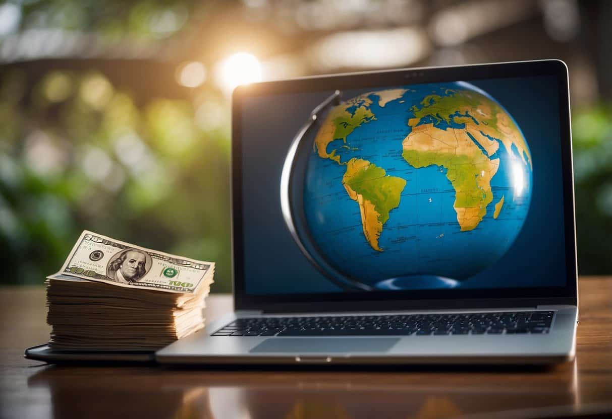 A laptop with a stack of rupee bills and a globe in the background