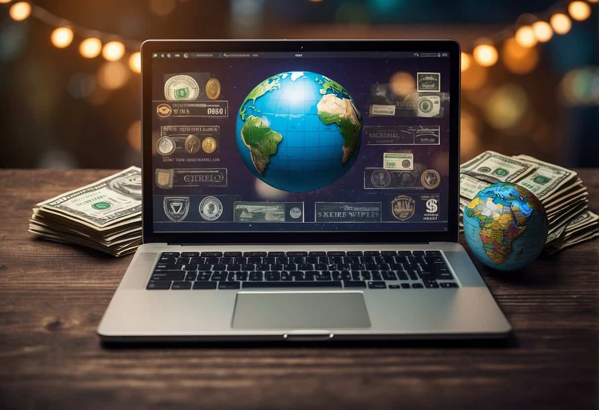 A laptop with a stack of rupee bills and a globe, surrounded by various icons representing online money-making opportunities