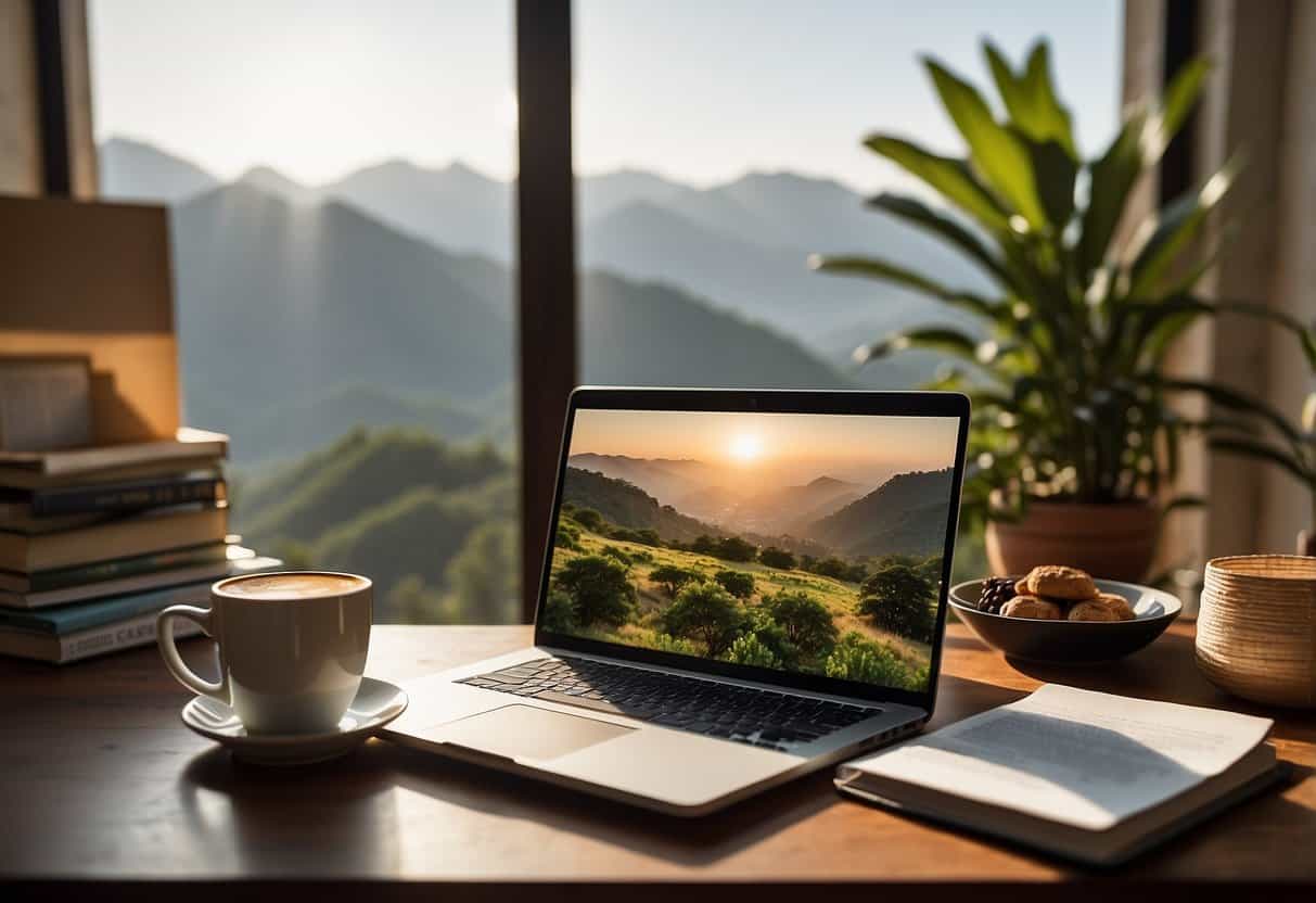 A laptop on a desk, surrounded by books and papers. A cup of coffee sits beside the computer, with a window showing a sunny Indian landscape in the background