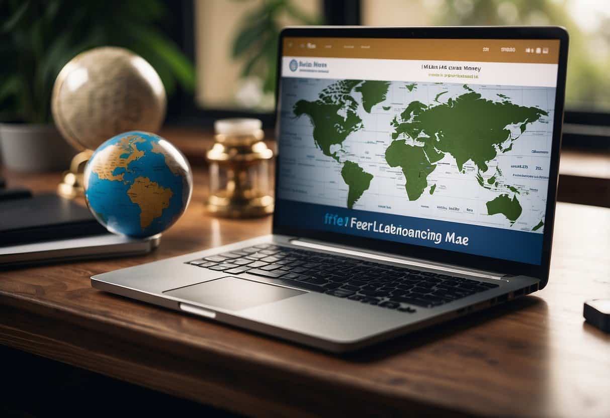 A laptop with Indian rupee symbols, a stack of cash, and a globe on a desk with a "Freelancing Make Money Online India" banner