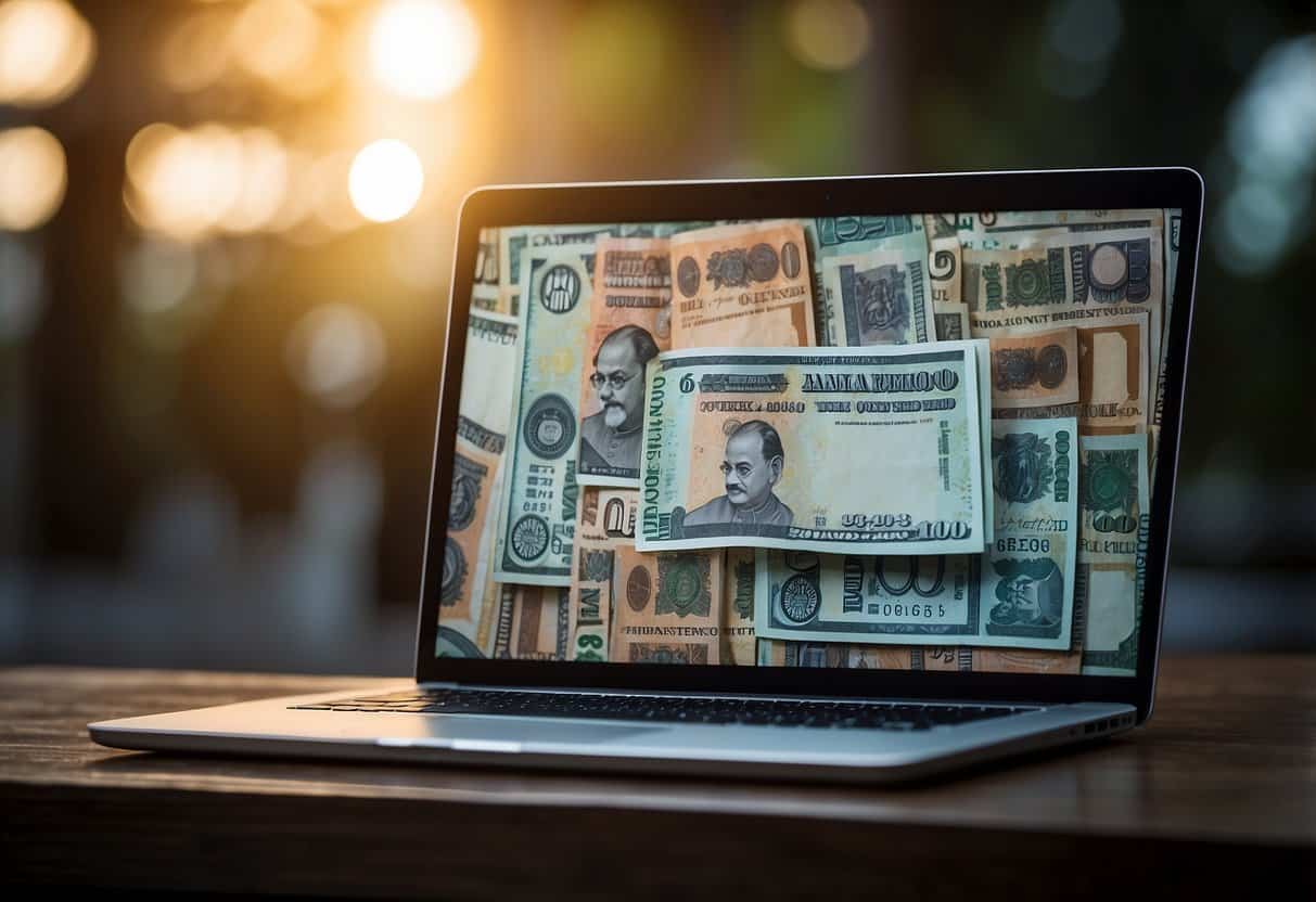 A laptop with Indian rupee notes and a blog post on making money online