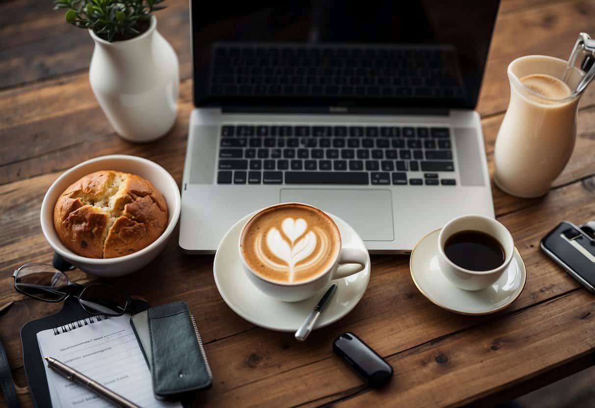 A laptop displaying "8 WordPress Blogging Tips" with vibrant colors and bold fonts, surrounded by various writing tools and a cup of coffee