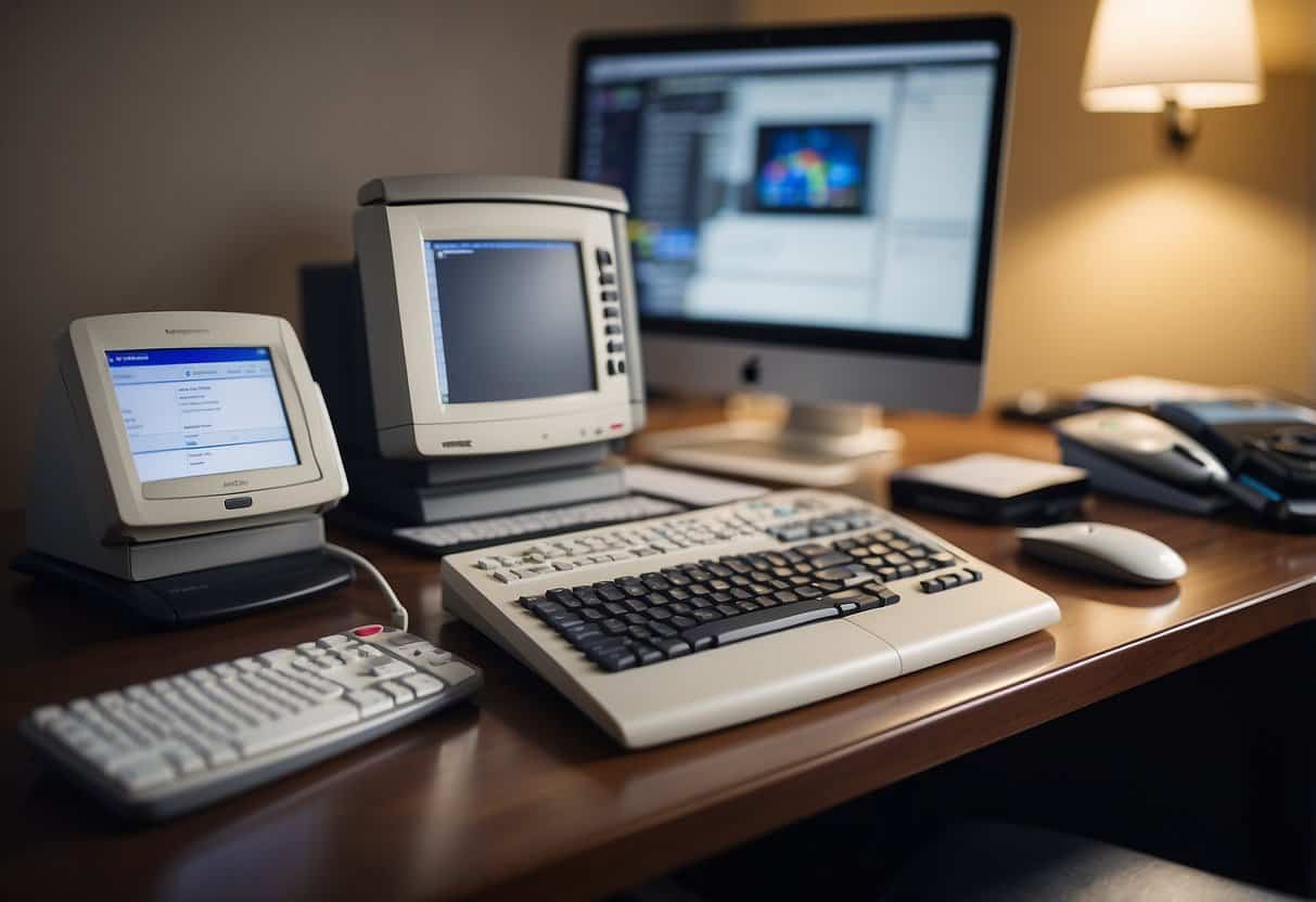 A desk with a computer, keyboard, and mouse. A stack of papers and files nearby. A calculator and pen on the side. Bright, organized, and professional setting