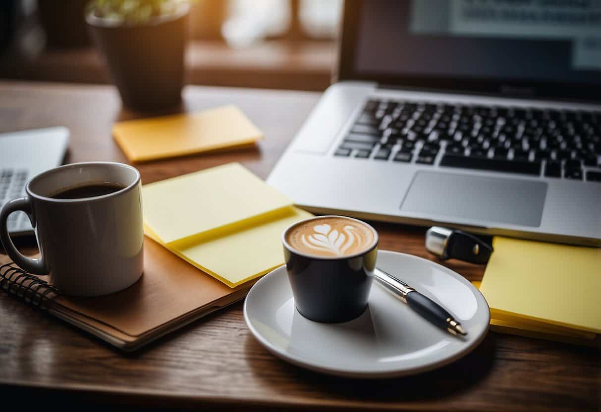 A laptop with a WordPress dashboard open, surrounded by a notebook, pen, and coffee mug. Post-it notes with blogging tips are scattered around