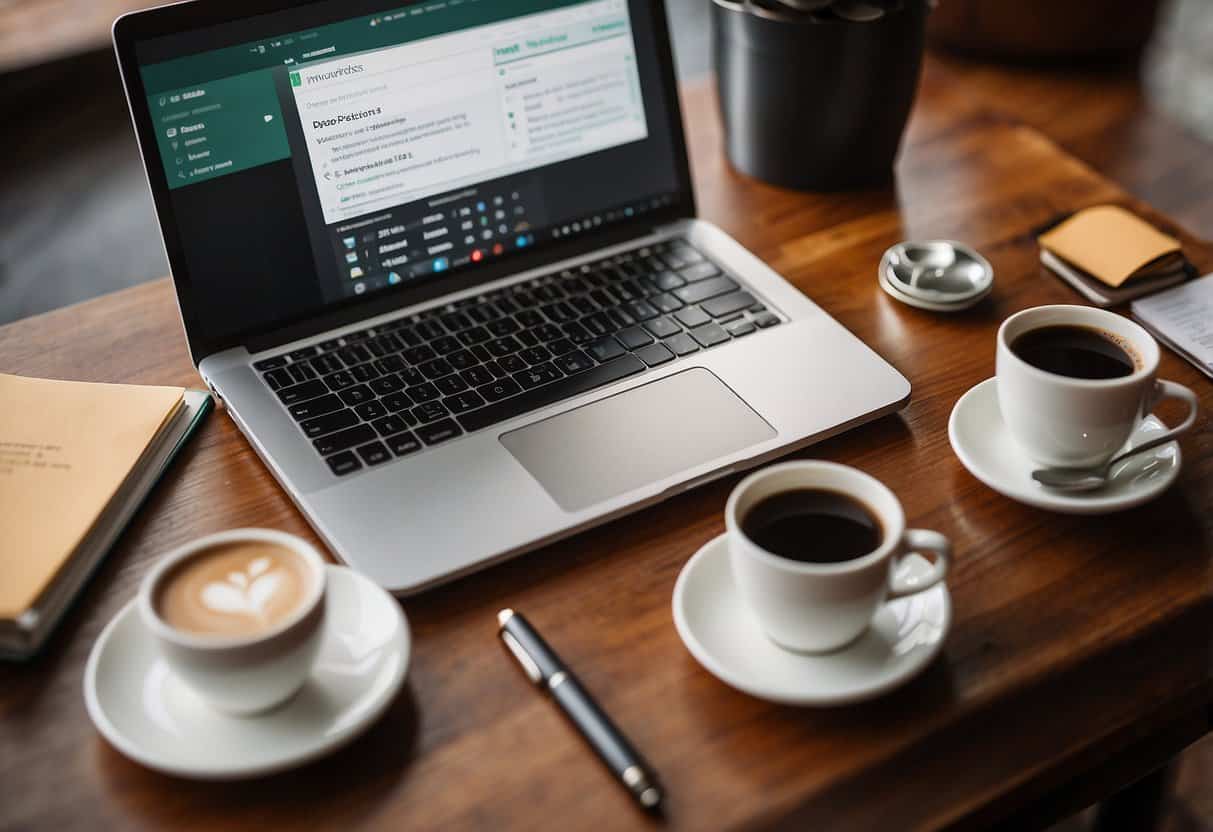 A laptop displaying a WordPress dashboard with a comment moderation menu open, surrounded by a cup of coffee, a notebook, and a pen