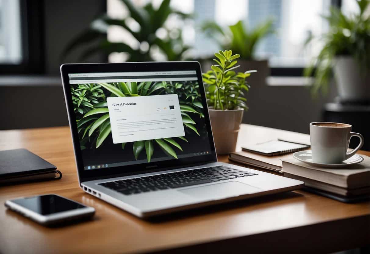 A laptop with a WordPress dashboard open, surrounded by a notepad, pen, and coffee mug on a desk with a plant in the background