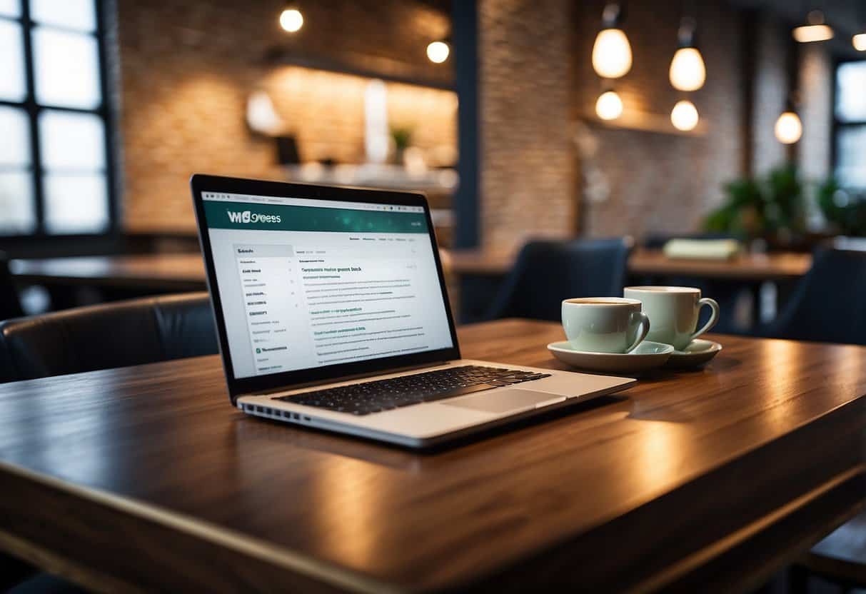 A laptop open on a desk with a vibrant WordPress blog displayed, surrounded by a cup of coffee, a notebook, and a pen