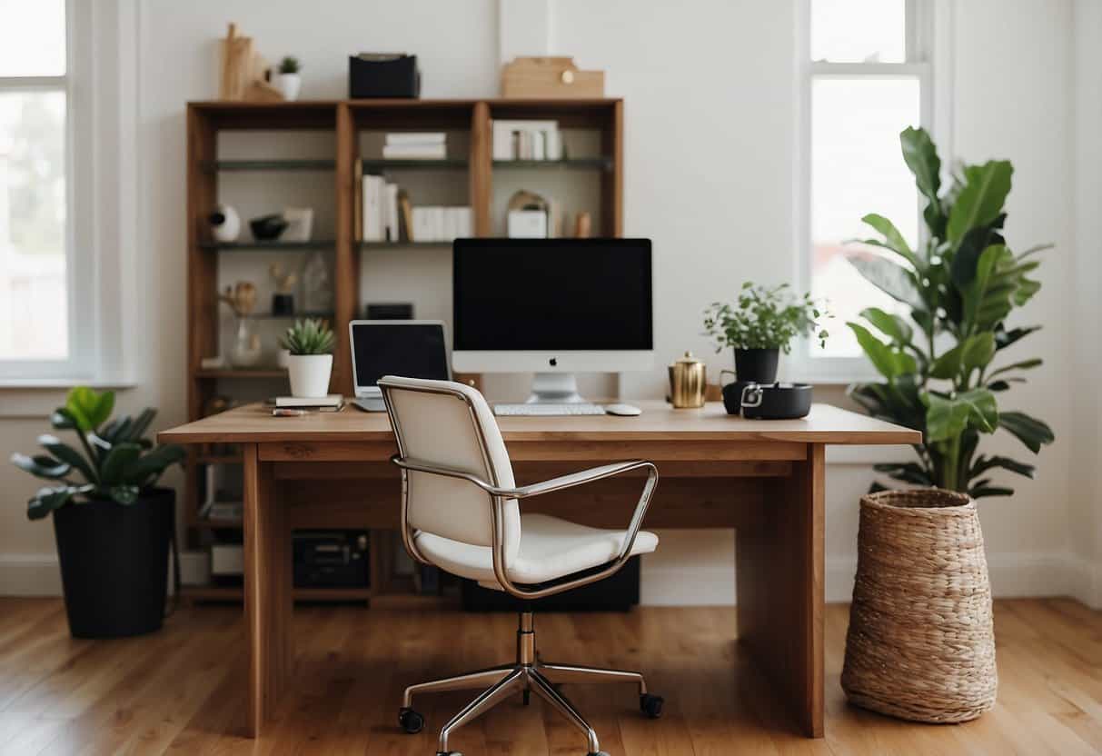 A laptop on a desk with a comfortable chair, surrounded by a peaceful and organized home office setup