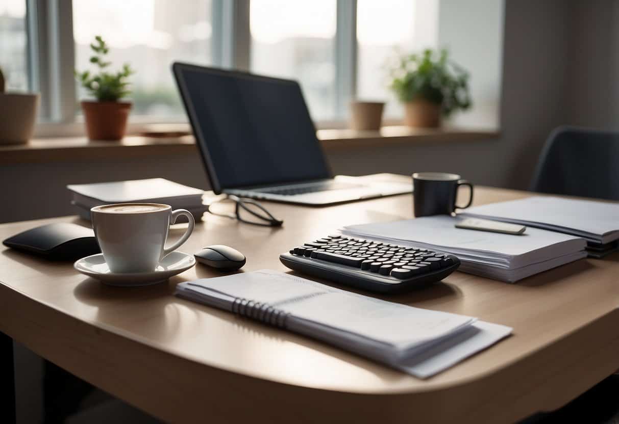 A desk with a computer, keyboard, and mouse. A stack of papers and a cup of coffee sit nearby. The room is well-lit with natural light