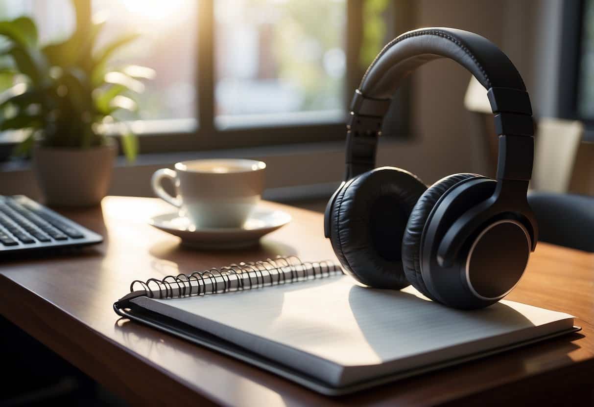 A desk with a computer, headphones, and a notepad. A coffee mug and a stack of papers. A window with natural light