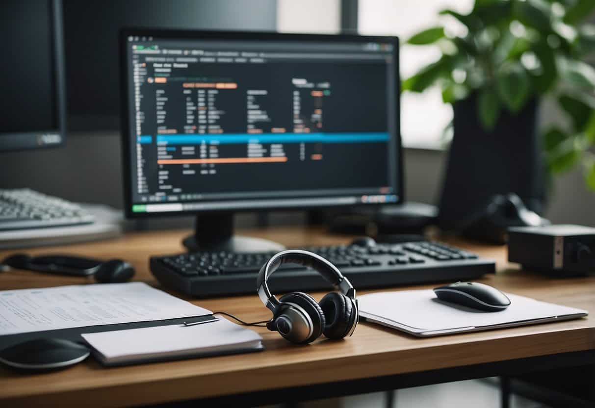 A computer with a keyboard and mouse on a desk, surrounded by legal documents and a headset for transcribing at Allegis