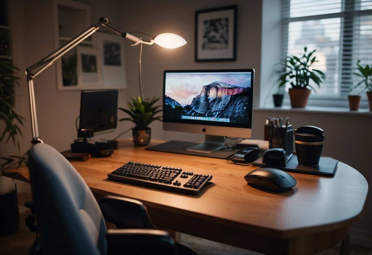 An organized home office with a computer, keyboard, and mouse on a desk. A comfortable chair and good lighting complete the workspace