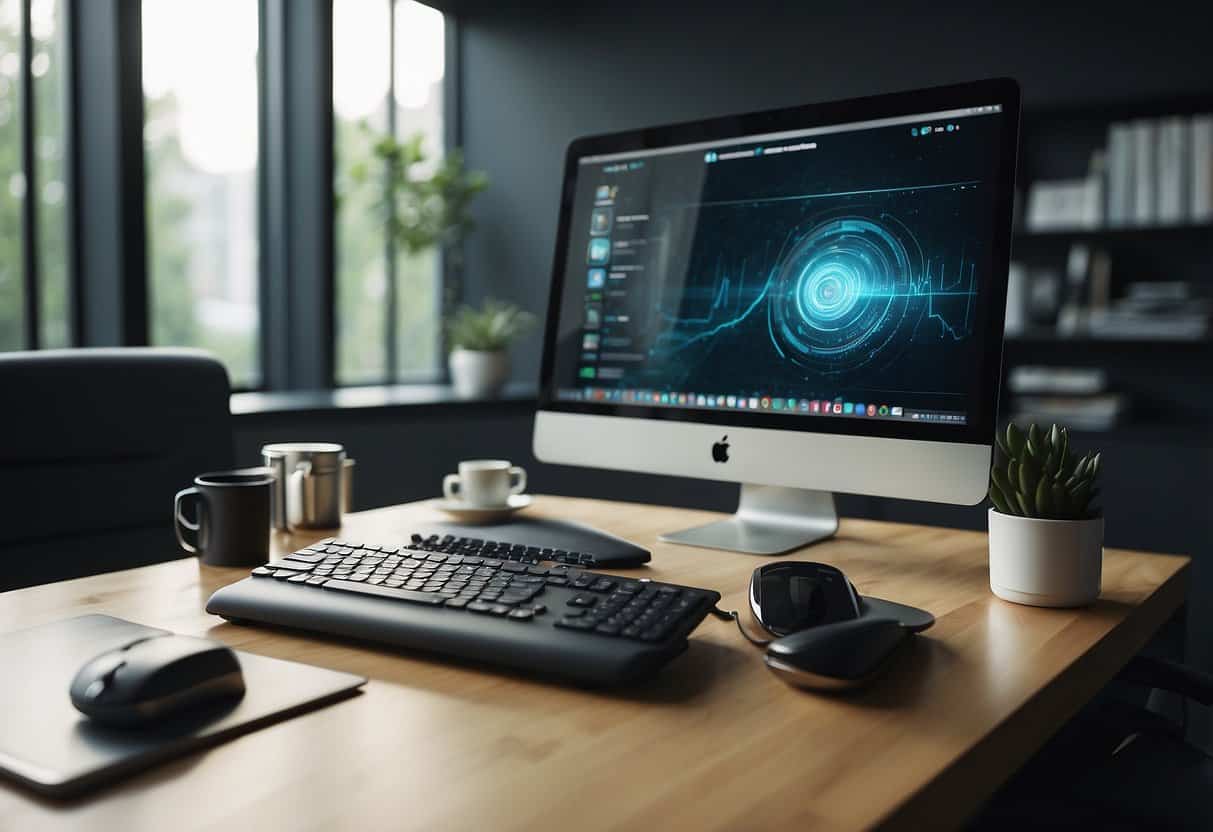 A sleek, modern office desk with a computer, phone, and notepad. A virtual admin's workspace, with a Belay logo on the screen