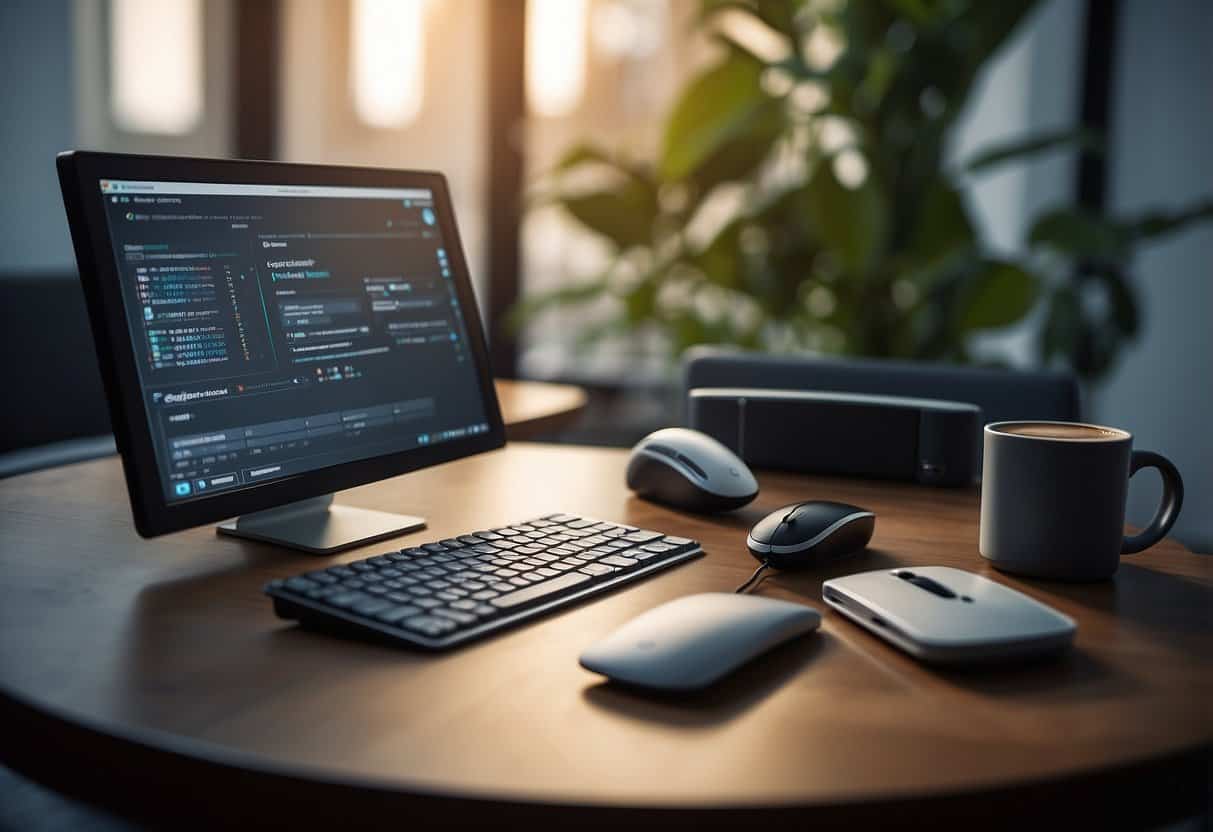 A computer with a keyboard and screen, displaying the CyberDictate logo. A desk with a mug of coffee, a notepad, and a pen. A comfortable chair and a window with natural light