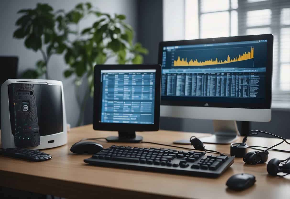 A computer with a keyboard and monitor, surrounded by medical reference books and a headset for dictation