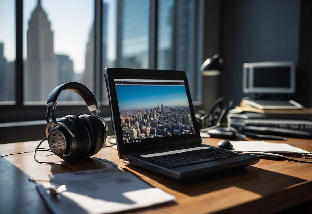 A desk with a computer, stenography machine, and headphones. Papers and legal documents are scattered on the desk. A window shows a cityscape in the background