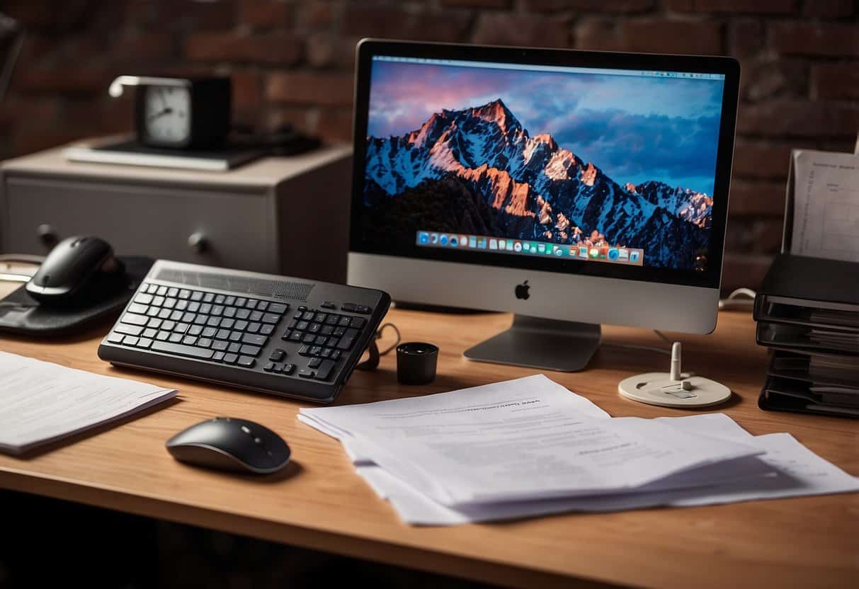 A desk with a computer, keyboard, and mouse. A stack of papers and files on the side. A clock on the wall